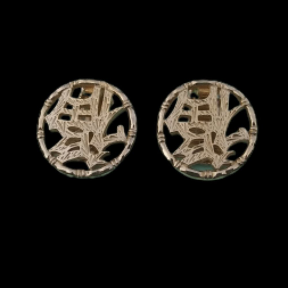 Vintage Signed Bergere Asian Symbols in Gold tone Circle Clip On Earrings